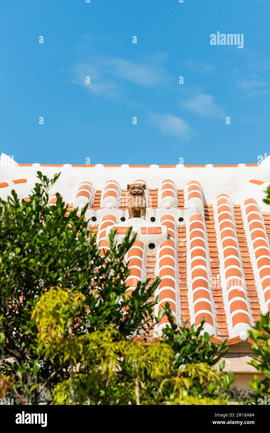 Shisa auf einem roten Ziegeldach auf der Insel Taketomijima Stockfoto