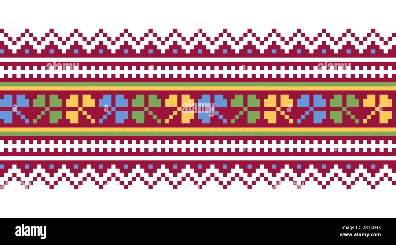 Clover trefoil colorful leaves. Vector geometric border pattern, ornament for textile or fabric. Pixel art, vyshyvanka, cross stitch. Ukrainian folk Stock Vektor