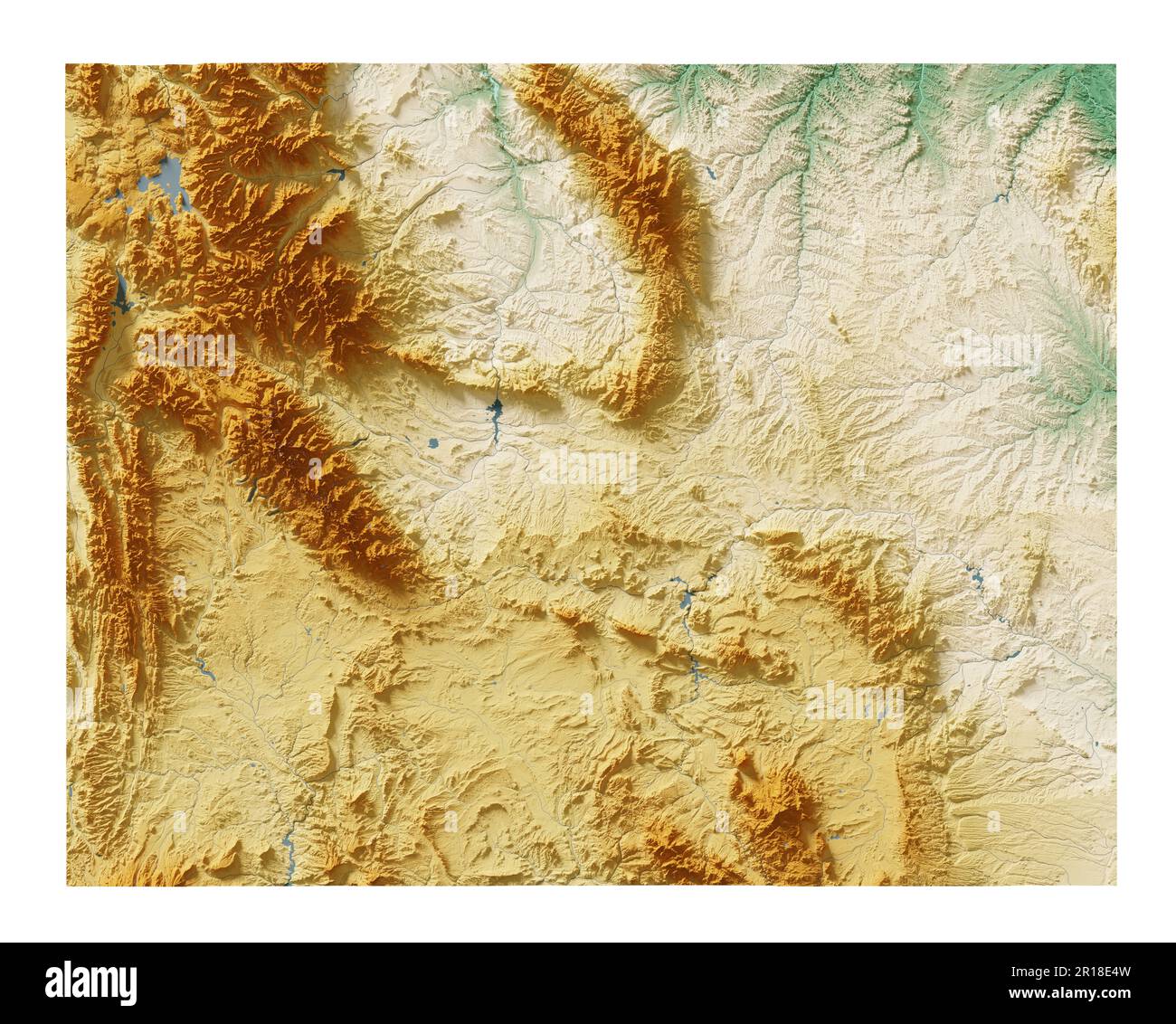 Der US-Bundesstaat Wyoming. Sehr detailliertes 3D-Rendering schattierter Reliefkarten mit Flüssen und Seen. Farbig nach Höhe. Erstellt mit Satellitendaten. Stockfoto