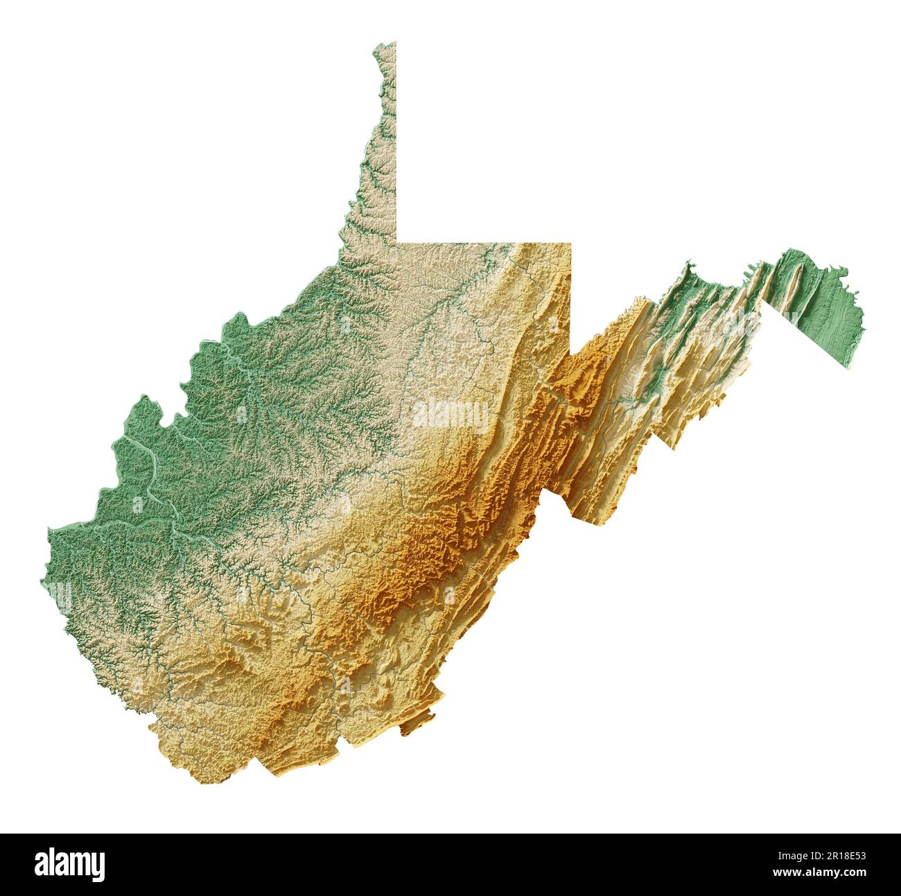 Der US-Bundesstaat West Virginia. Detailliertes 3D-Rendering von schattierten Reliefkarten mit Flüssen und Seen. Farbig nach Höhe. Erstellt mit Satellitendaten. Stockfoto