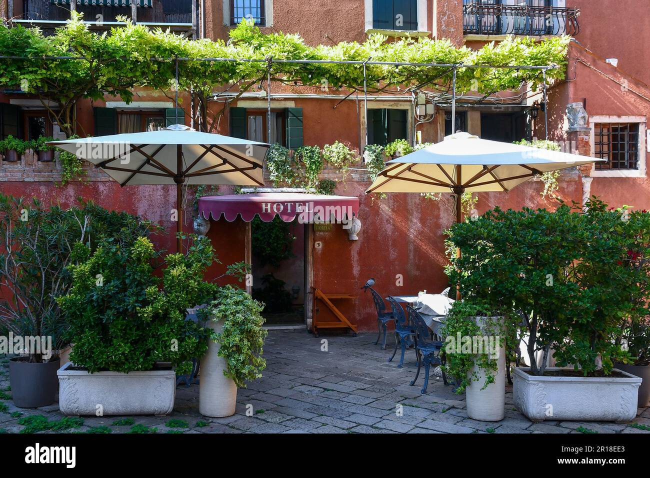 Außenansicht des Hotels mit Topfpflanzen, Pergola, Sonnenschirmen und Pflasterrestaurant im Sestiere von San Marco, Venedig, Veneto, Italien Stockfoto