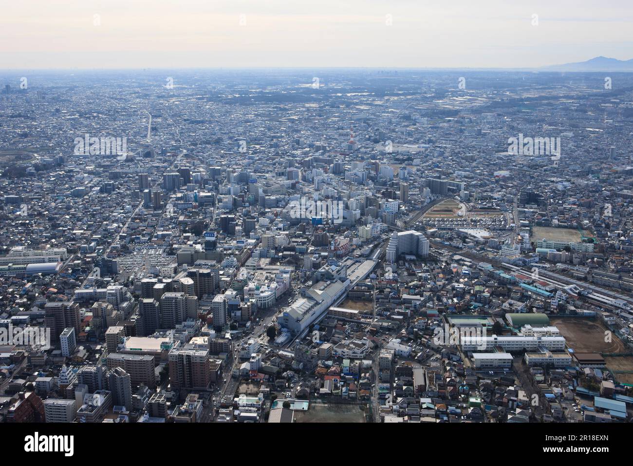 HON-kawagoe-Station Luftaufnahme von der Nordseite in Richtung Süden. Stockfoto