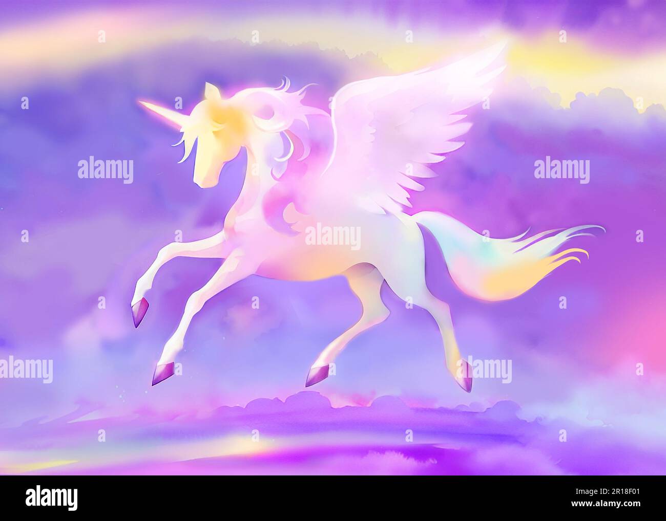Die Silhouette eines Einhorns fliegt vor dem Hintergrund eines Regenbogenhimmels. Aquarelldarstellung. Stockfoto