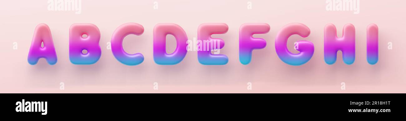 3D farbige Buchstaben A, B, C, D, E, F, G, H und I eine glänzende Oberfläche auf pinkfarbenem Hintergrund Stock Vektor