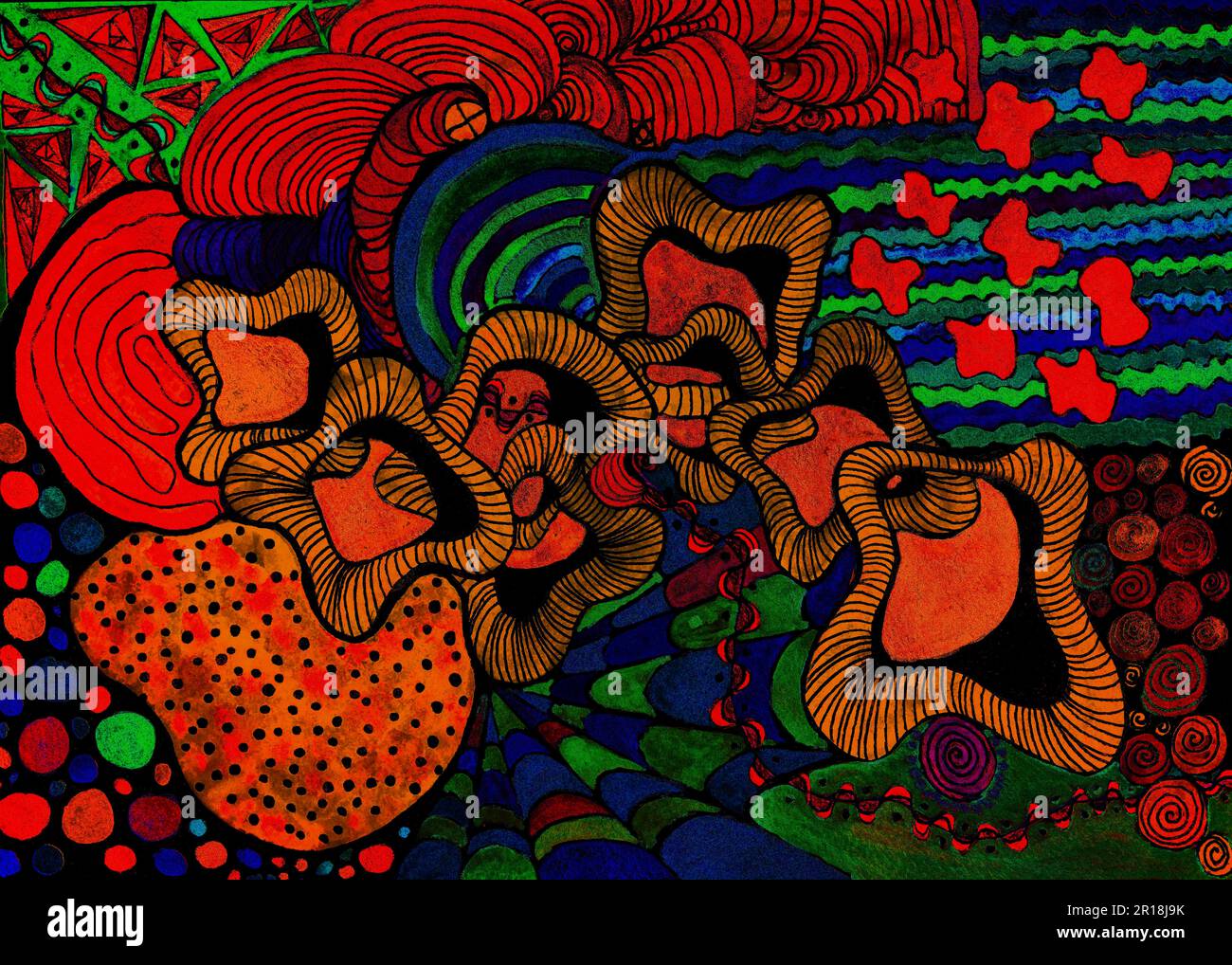 Pschychedelische Formen und Kritzeleien. Das Abtasten in der Nähe der Kanten sorgt aufgrund der veränderten Oberflächenrauheit des Papiers für einen weichen Fokus. Stockfoto