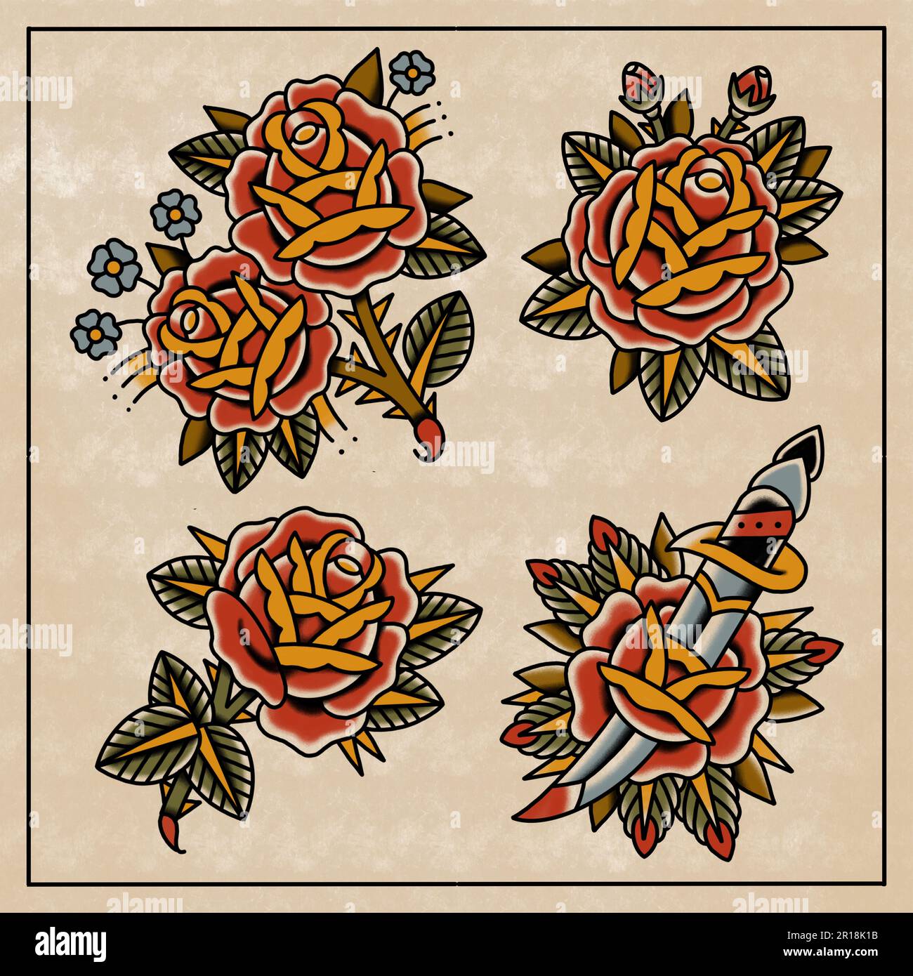 Alte Tattoo-Kunstzeichnungen auf alten Papierrosen Stockfoto