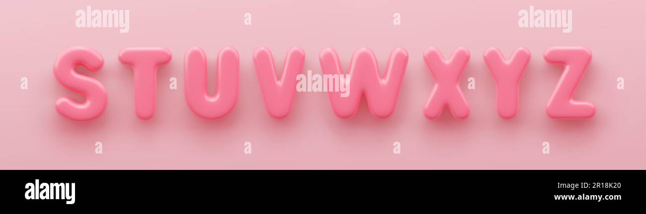 3D rosafarbene Großbuchstaben S, T, U, V, W, X, Y und Z mit einer glänzenden Oberfläche auf pinkfarbenem Hintergrund. Stock Vektor