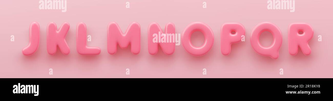 3D rosafarbene Großbuchstaben J, K, L, M, N, O, P, Q und R mit einer glänzenden Oberfläche auf pinkfarbenem Hintergrund. Stock Vektor