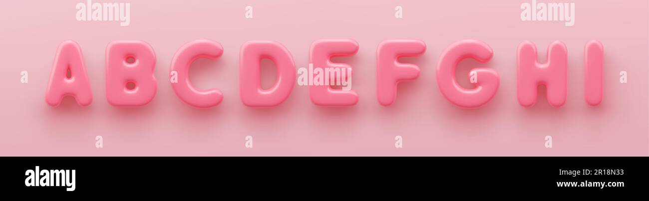 3D rosafarbene Großbuchstaben A, B, C, D, E, F, G, H und I eine glänzende Oberfläche auf pinkfarbenem Hintergrund. Stock Vektor