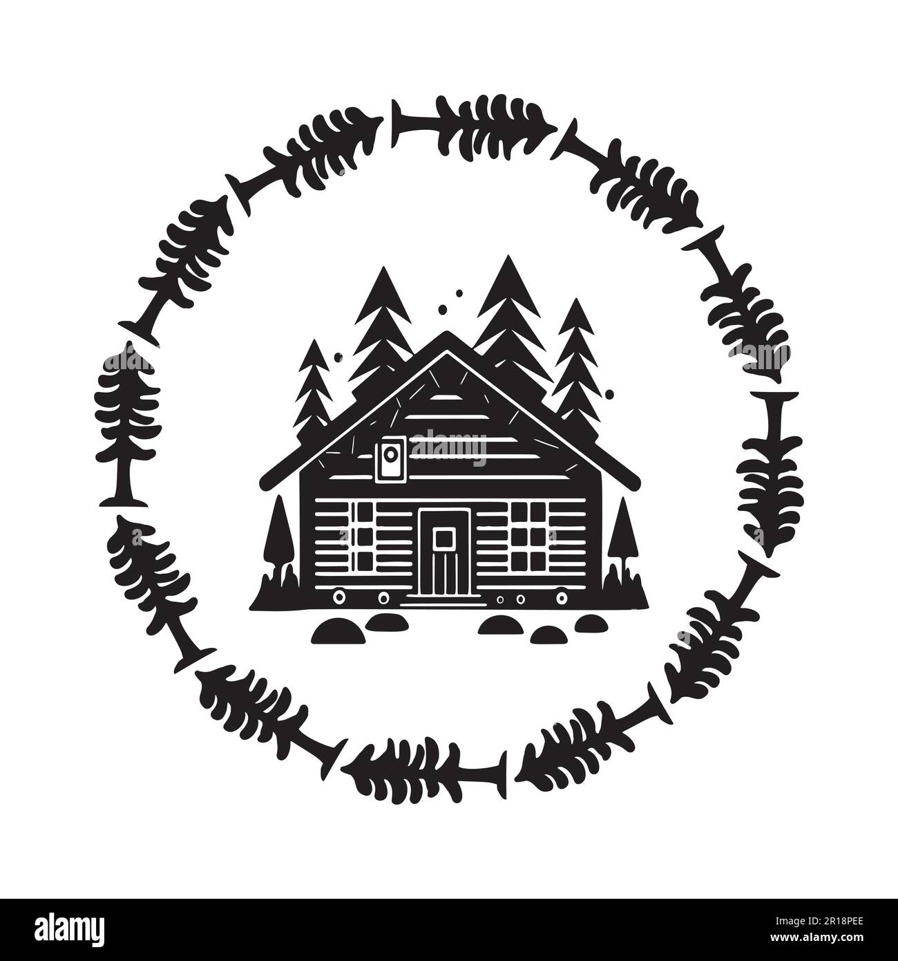 Holzkabine in scandi Linocut-Vektordarstellung. Alpenhütte im Landurlaub Dorf Cartoon. Stock Vektor