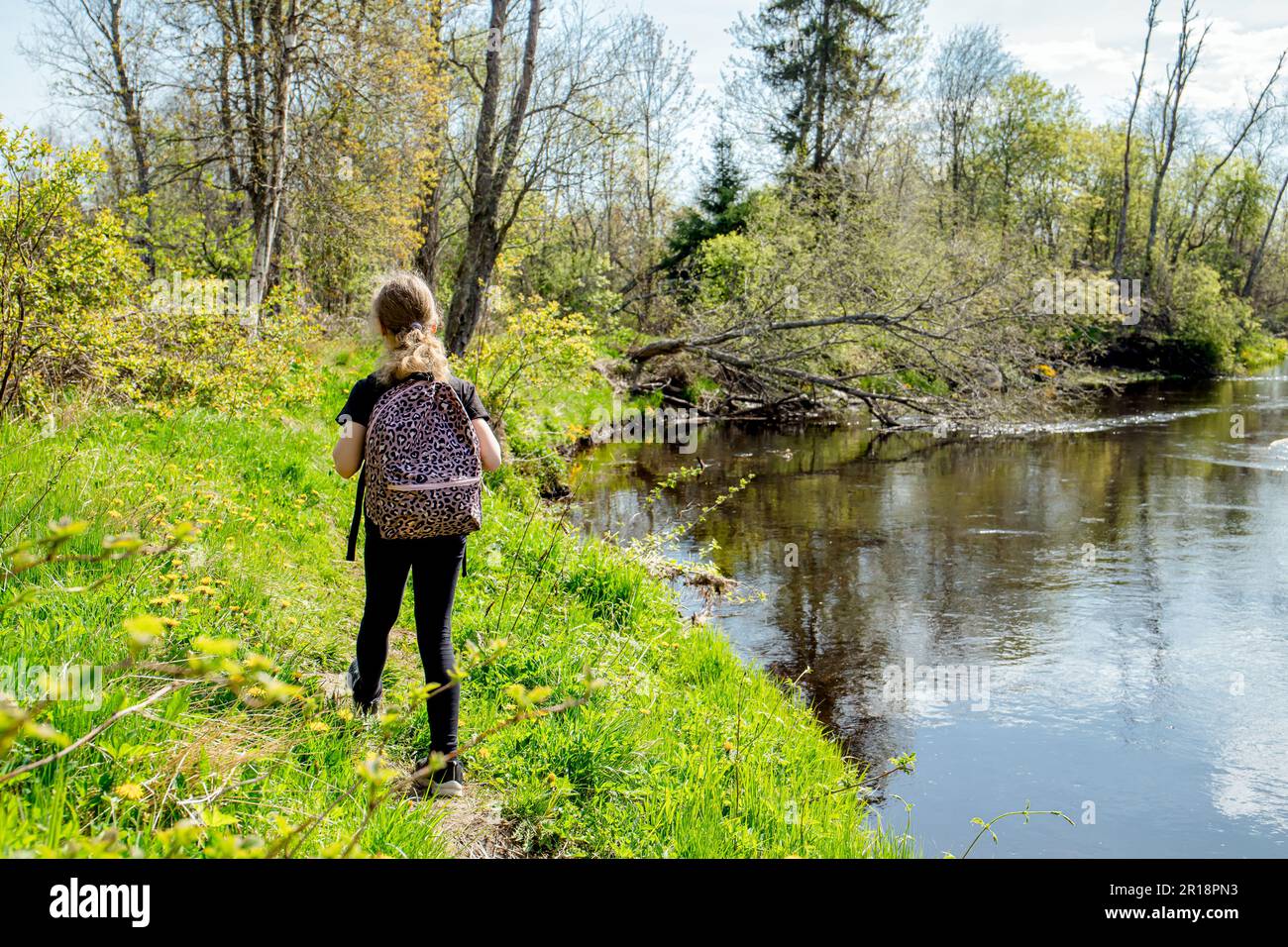 Rückansicht eines 9 Jahre alten Mädchens, das im Frühling alleine im Wald am Fluss wandert und mit einem Rucksack unterwegs ist. Wunderschöne idyllische Natur. Stockfoto