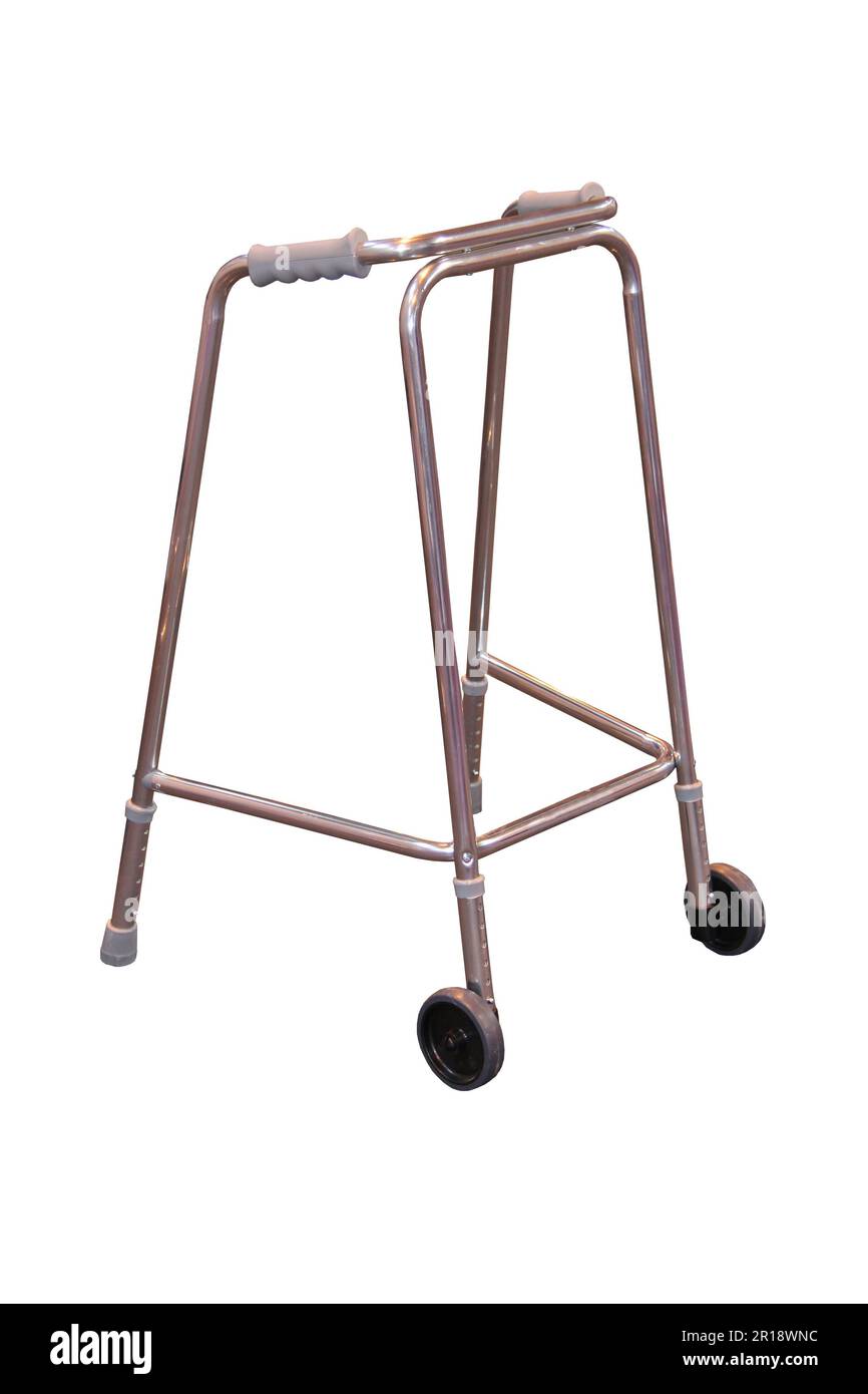 Ein Laufrahmen mit Rädern aus Edelstahl. Stockfoto