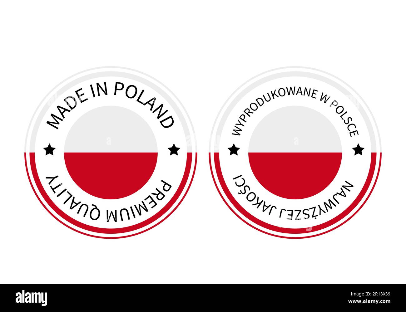 In Polen hergestellte runde Etiketten in englischer und polnischer Sprache. Vektorsymbol für Qualitätsmarken. Perfekt für Logo-Design, Tags, Abzeichen, Aufkleber, Emblem, pro Stock Vektor