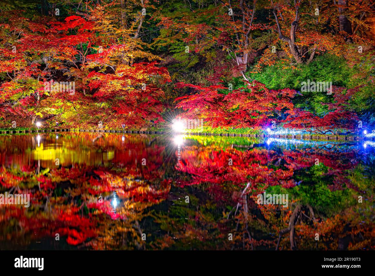 Blick auf die Herbstlandschaft des Hirosaki Castle Park. Wunderschöne, mehrfarbige Landschaften, die an sonnigen Tagen auf der Oberfläche reflektieren. Hirosaki, Präfekt Aomori Stockfoto