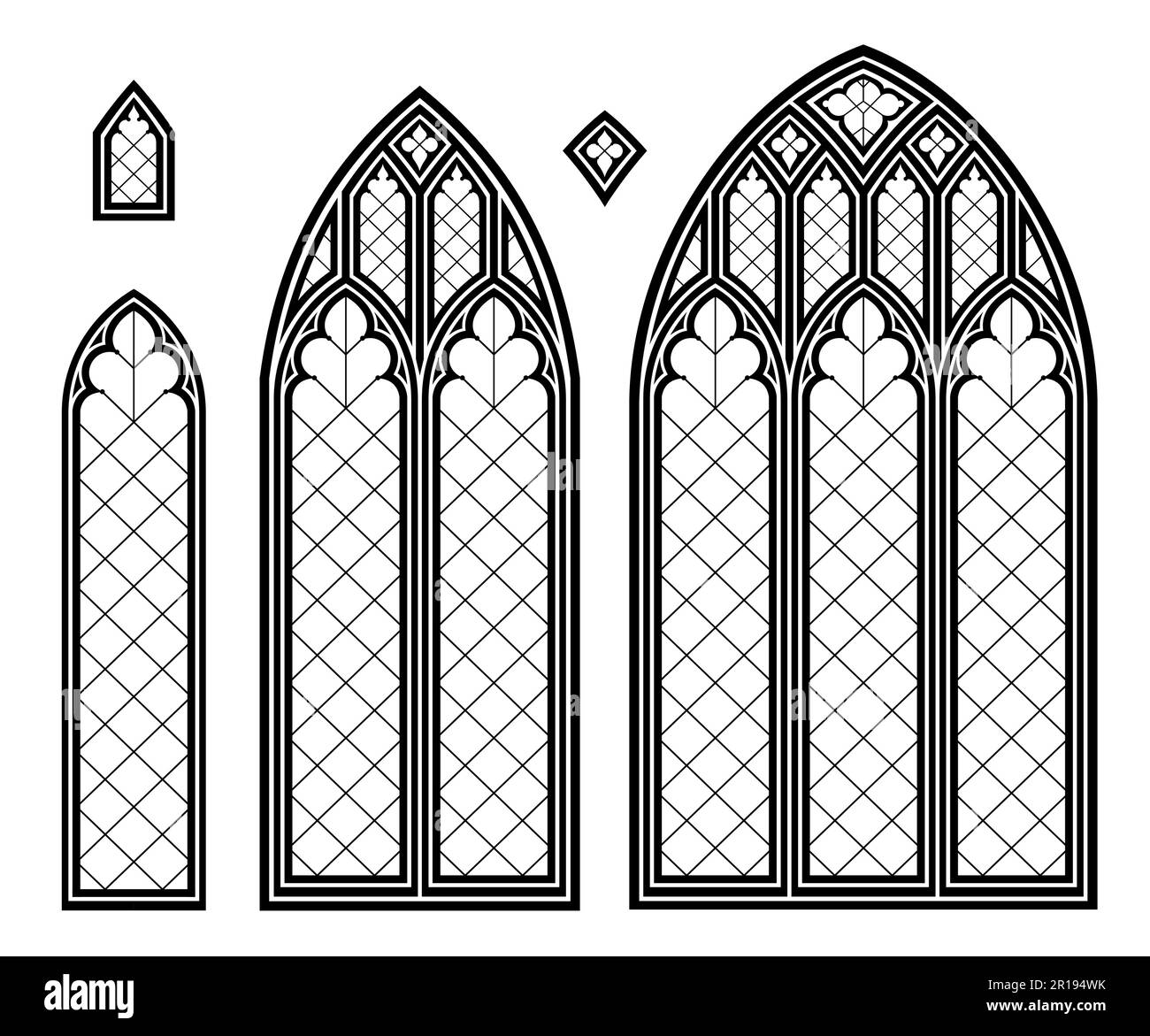 Mittelalterliche gotische Buntglaskathedrale mit Fenstern Stock Vektor