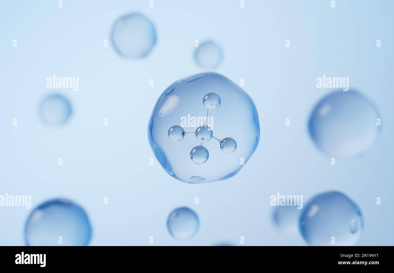 Molekül im Wassertropfen, 3D-Rendering. Digitale Zeichnung. Stockfoto
