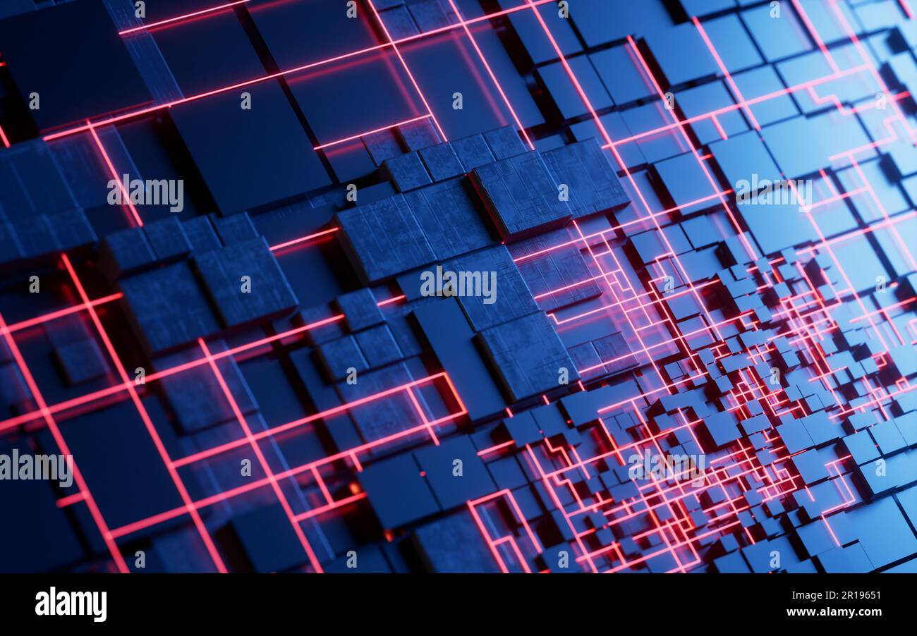 Leiterplattenstruktur des Technologiewürfels, 3D-Rendering. Digitale Zeichnung. Stockfoto