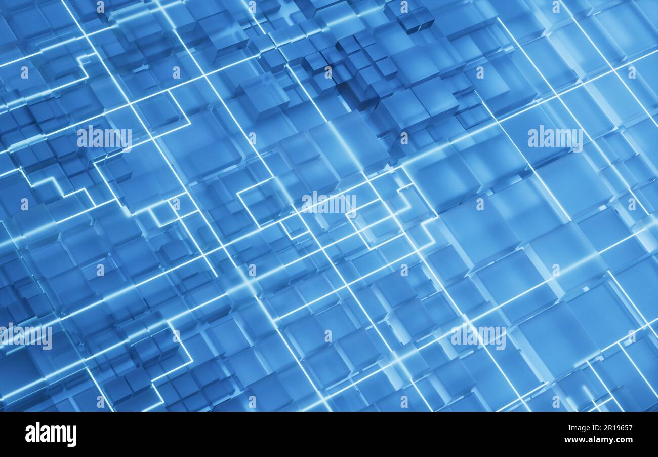 Leiterplattenstruktur des Technologiewürfels, 3D-Rendering. Digitale Zeichnung. Stockfoto