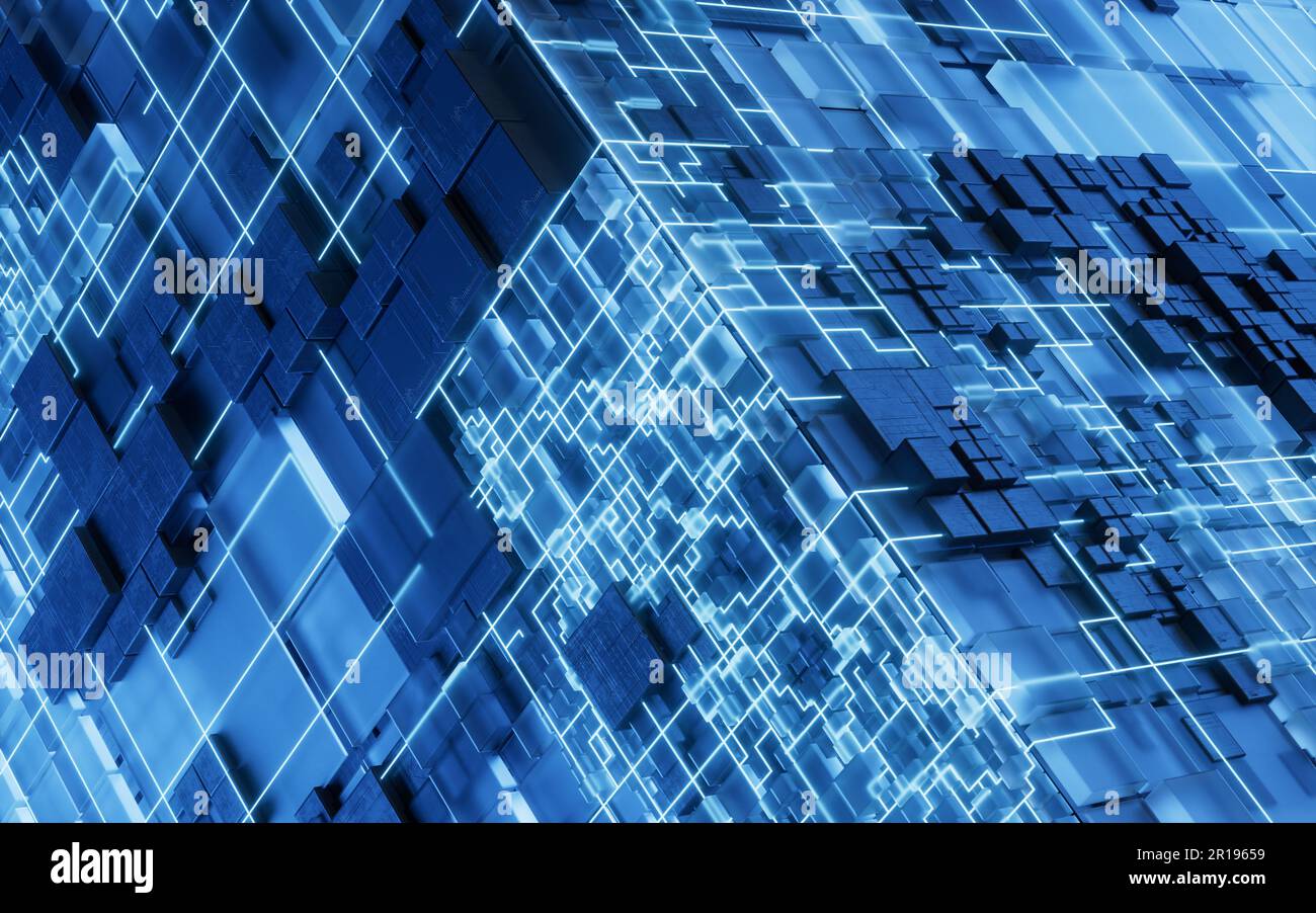 Leiterplattenstruktur des Technologiewürfels, 3D-Rendering. Digitale Zeichnung. Stockfoto