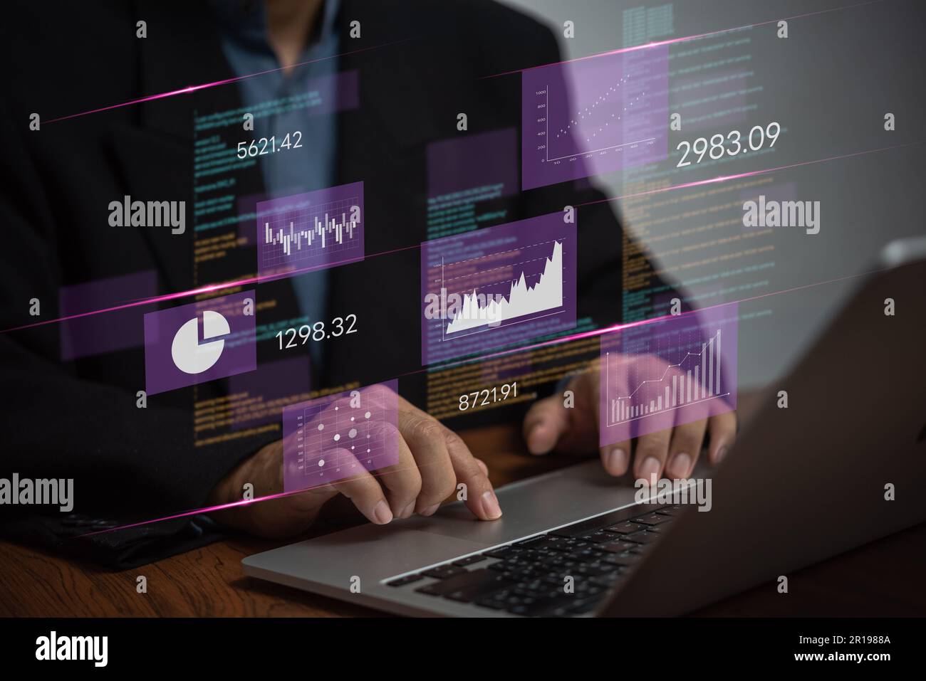 Business Intelligence Dashboard visuelle Anzeige von Marketingdaten Analytics bietet wichtige Kennzahlen und KPI-Wirtschaftsanalysen sowie Investitionsfinanzierung Stockfoto