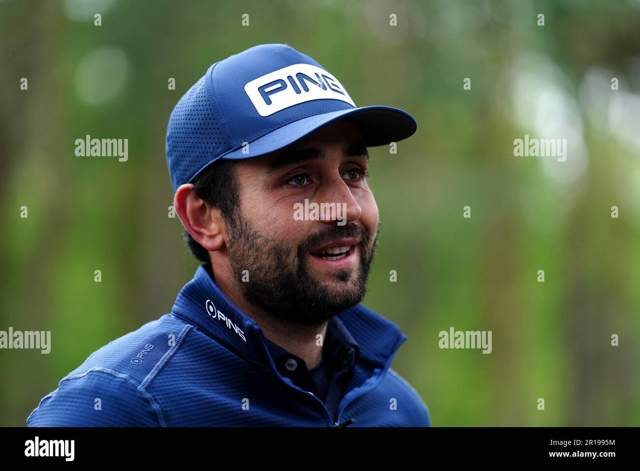 Juan Postigo reagiert am dritten Tag der G4D Open im Woburn Golf Club, Milton Keynes. Foto: Freitag, 12. Mai 2023. Stockfoto