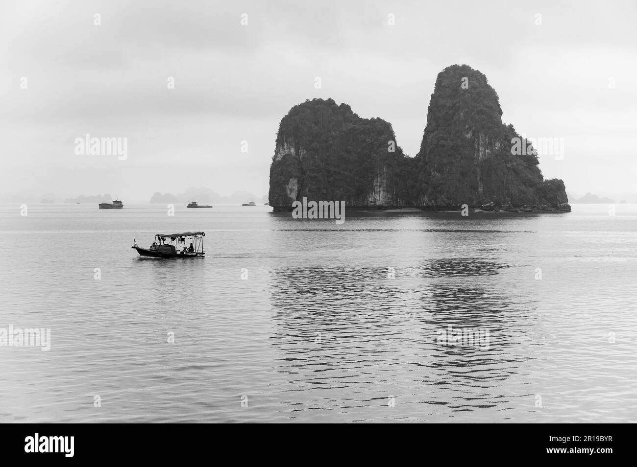 Ein einheimisches Boot und ein Boot fahren auf dem Meer mit einer charakteristischen Kalksteininsel bei bewölktem Wetter in Bai TU Long Bay, Halong Bay, Vietnam. Stockfoto