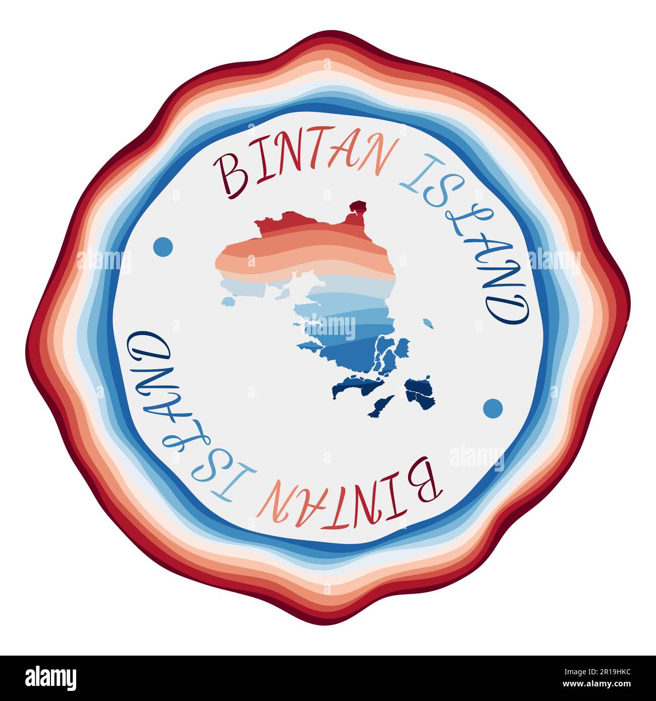 Bintan Island Abzeichen. Karte der Insel mit wunderschönen geometrischen Wellen und leuchtend rotem blauem Rahmen. Leuchtendes rundes Bintan-Logo. Vektordarstellung. Stock Vektor
