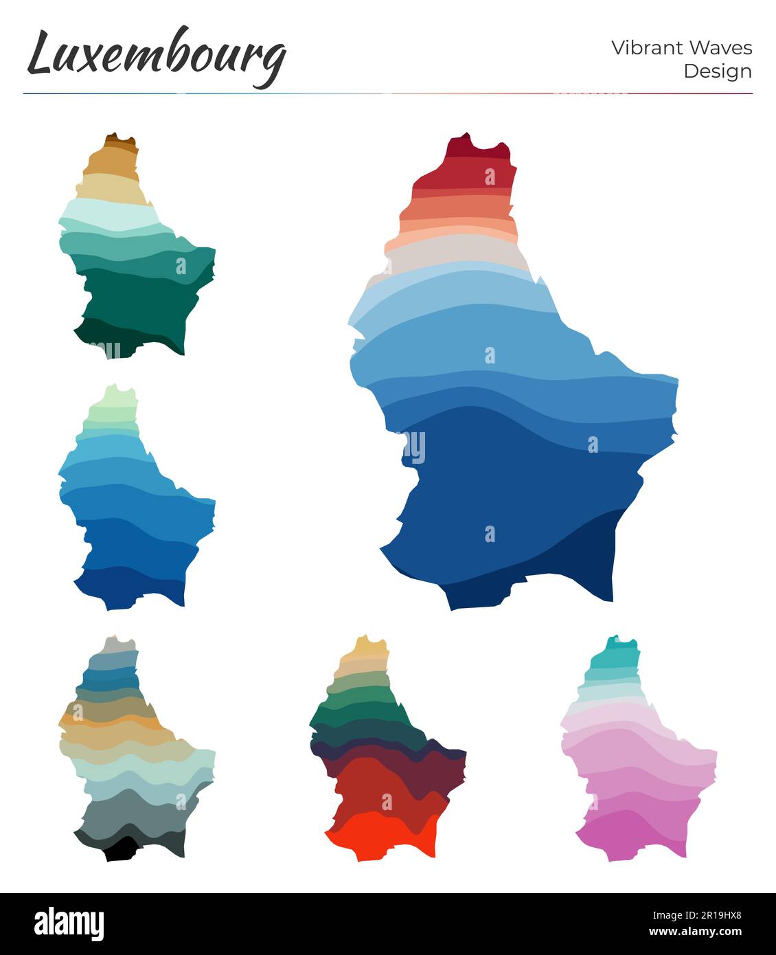 Vektorkarten Luxemburgs. Leuchtendes Wellendesign. Helle Landkarte im geometrischen Stil mit glatten Kurven. Mehrfarbige Karte Luxemburgs für Ihre d Stock Vektor