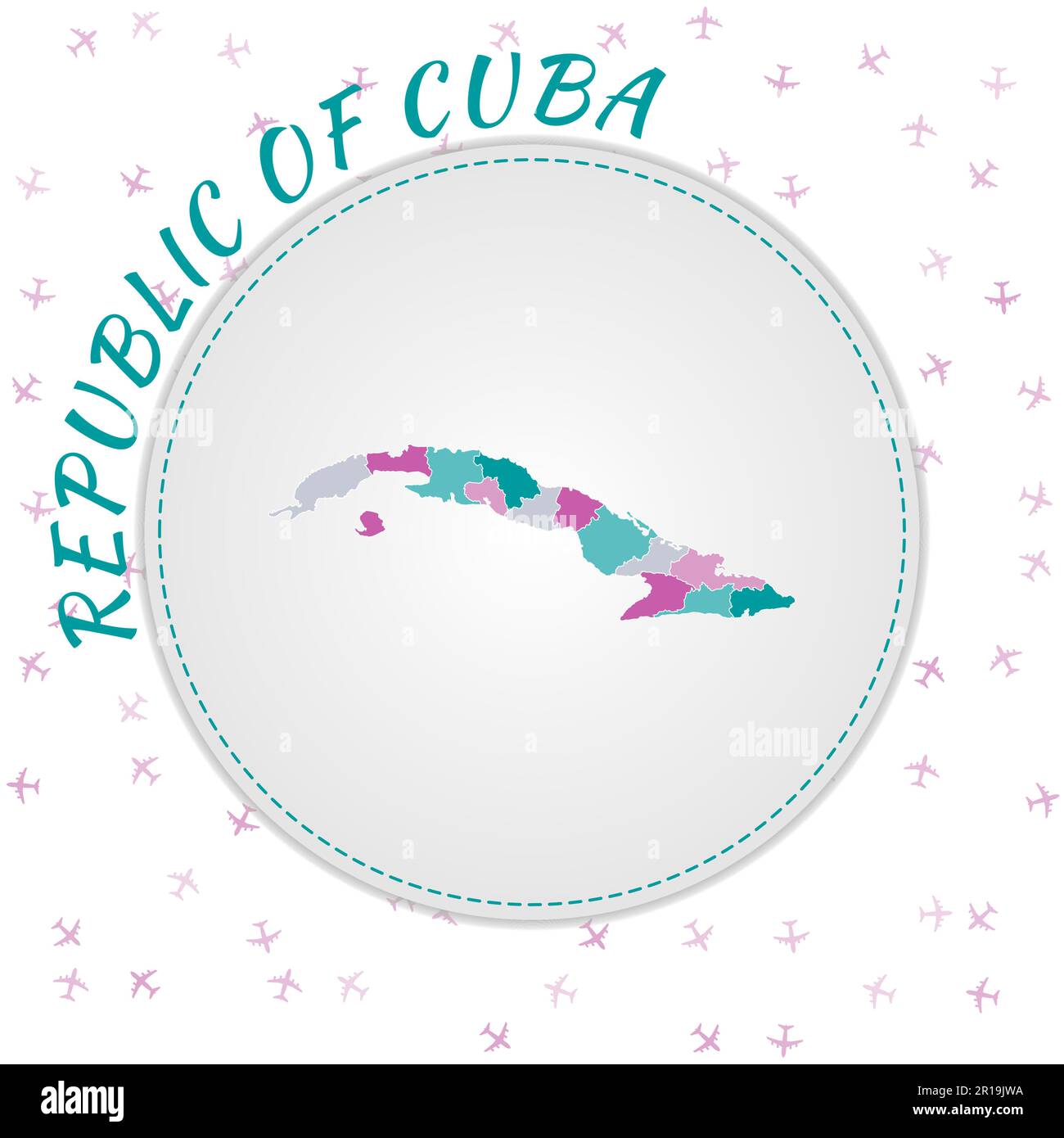 Kubanische Landkarte. Landkarte mit Regionen in der Farbpalette Smaragd-Amethyst. Abgerundetes Poster „Reise nach Kuba“ mit Ländernamen und Flugzeugen zurück Stock Vektor
