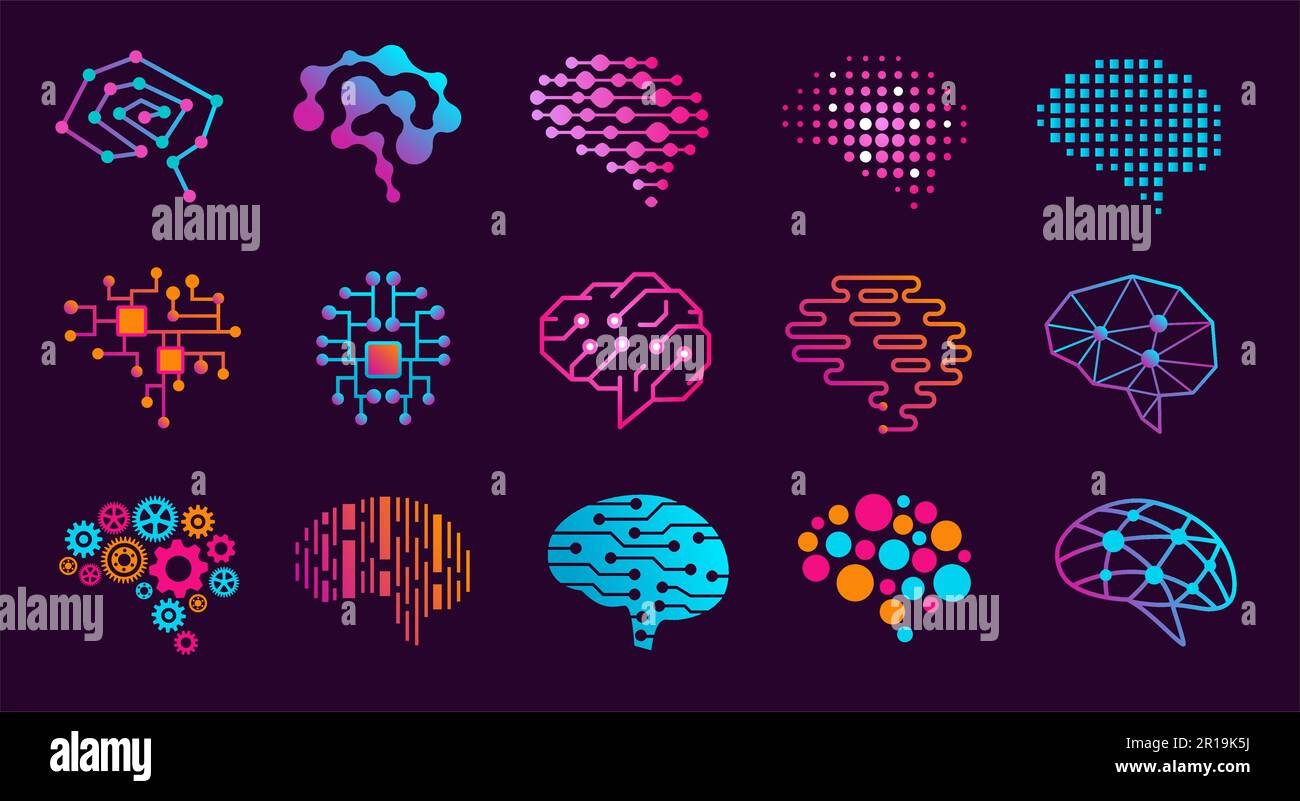 Menschliches Gehirn. Symbole für Innovation Thinking, künstliche Intelligenz, neuronale Engine und Gedankenforschung Stock Vektor
