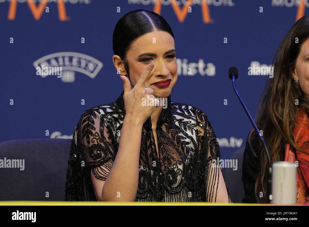 Pressekonferenz mit dem spanischen Teilnehmer Blanca Paloma vor dem Finale des Eurovision Song Contest am Samstag in der M&S Bank Arena in Liverpool. Foto: Freitag, 12. Mai 2023. Stockfoto