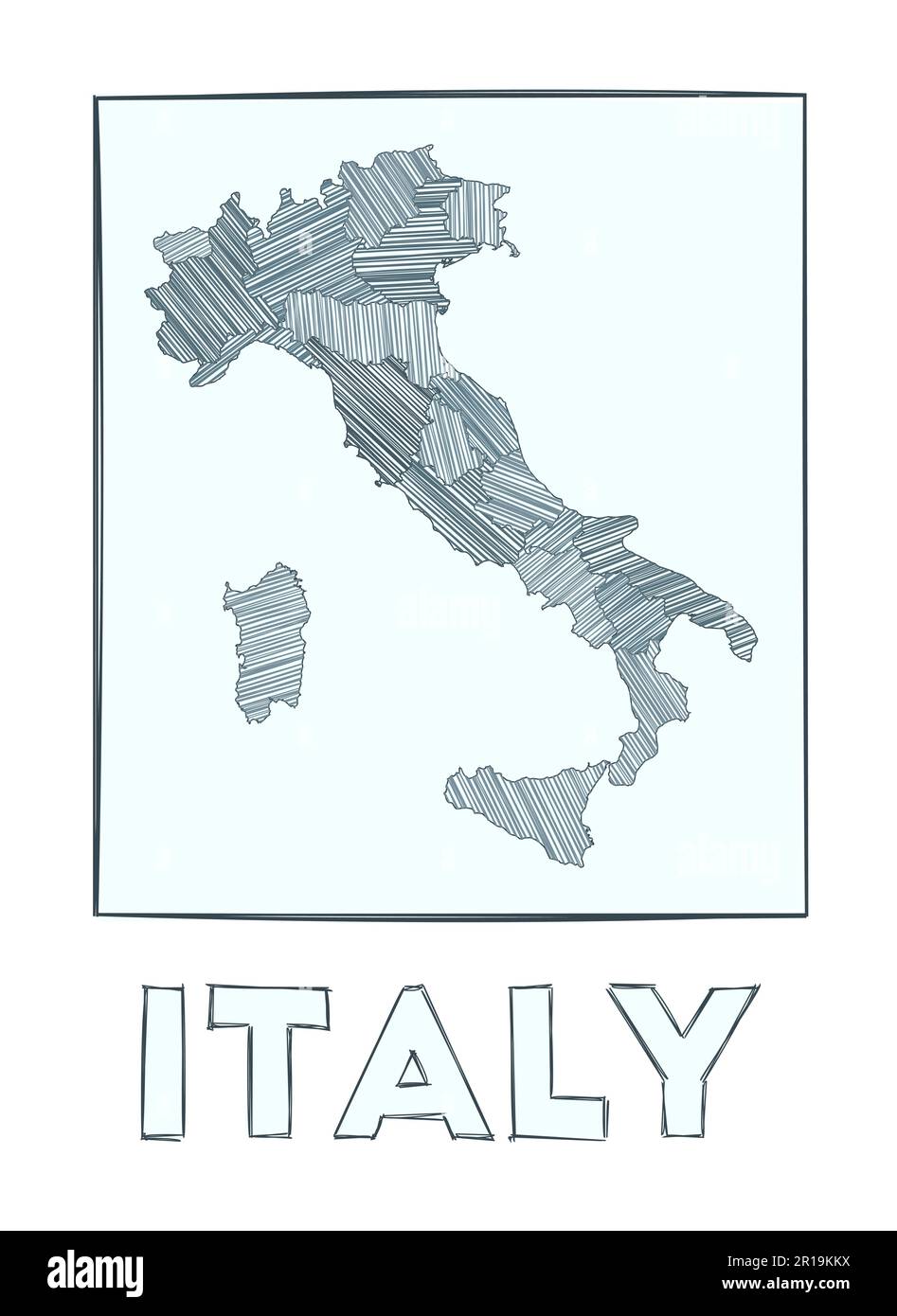 Skizzenkarte von Italien. Von Hand gezeichnete graue Landkarte des Landes. Gefüllte Regionen mit Hachure-Streifen. Vektorabbildung. Stock Vektor
