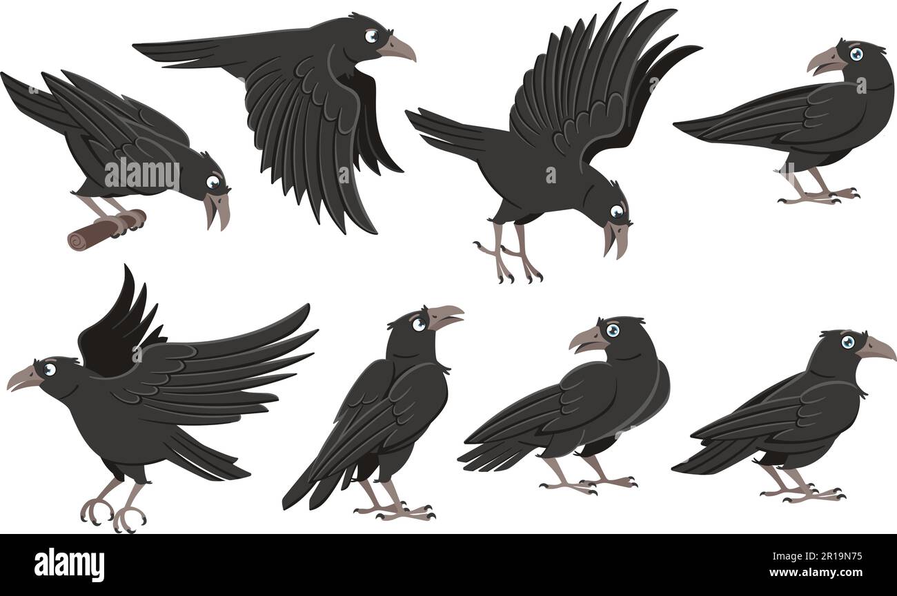 Cartoon-Krähen. Wilde schwarze Vögel, Rabenfigur in verschiedenen Posen und fliegendes Krähenvektor-Set Stock Vektor