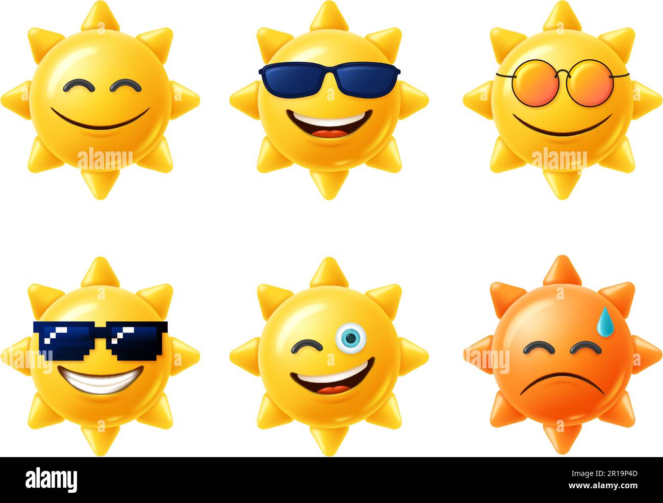 Sun 3D Figur. Fröhliche gelbe Sonne Emoji mit lächelndem Gesicht und Sonnenbrille, heißes Sommerzeit Vektorset Stock Vektor