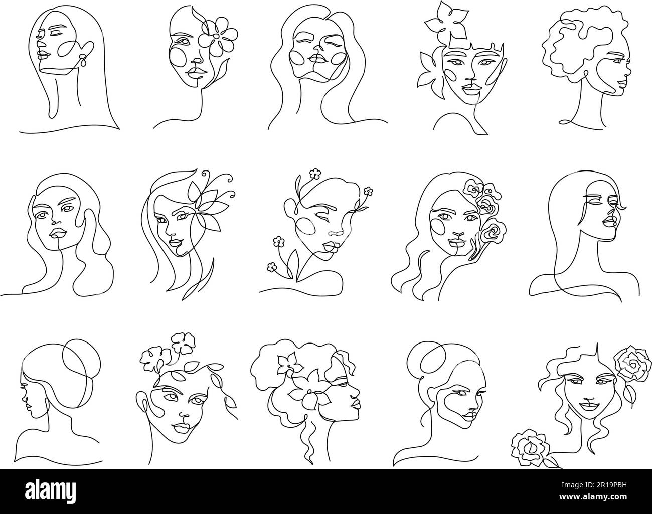 Einzeilige Frau, natürliche Schönheit. Lineares weibliches Porträt, minimales Mädchengesicht mit Blumen im Haar, handgezeichnet Vektorbildungs-Set Stock Vektor