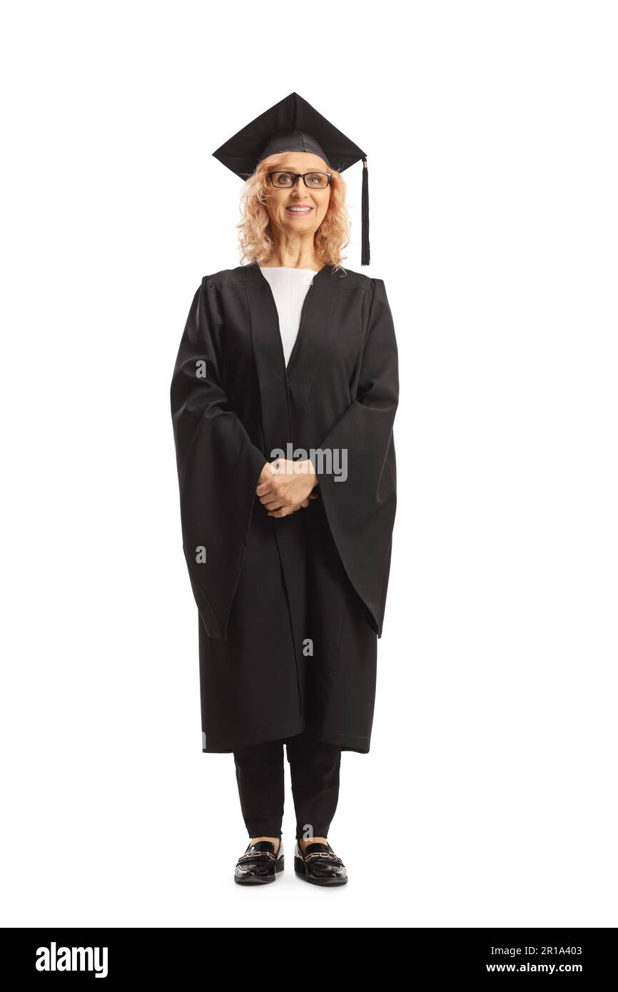 Ganzlängenporträt einer Lehrerin in einem Abschlusskleid isoliert auf weißem Hintergrund Stockfoto