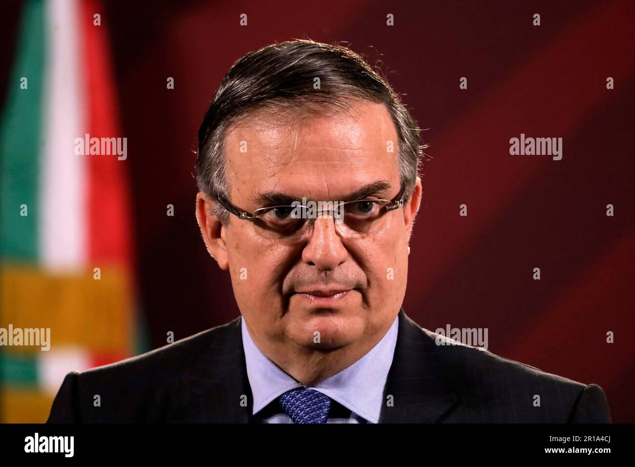 12. Mai 2023, Mexiko-Stadt, Mexiko: Außenminister Marcelo Ebrard auf der Pressekonferenz vor Reportern im Nationalpalast in Mexiko-Stadt, Mexiko. Am 12. Mai 2023 in Mexico City, Mexiko (Foto: Luis Barron / Eyepix Group). Stockfoto