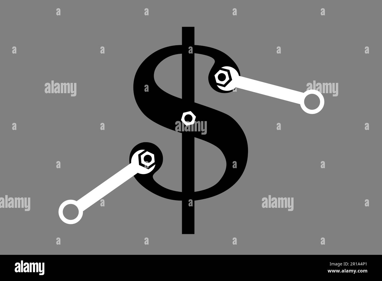 Die Wirtschaft und das Finanzsystem der USA reparieren und instand setzen. Der kaputte amerikanische Dollar wird mit Schlüssel, Werkzeug und Ausrüstung repariert. Straffung als Lösung für Finanzen und Ökom Stockfoto