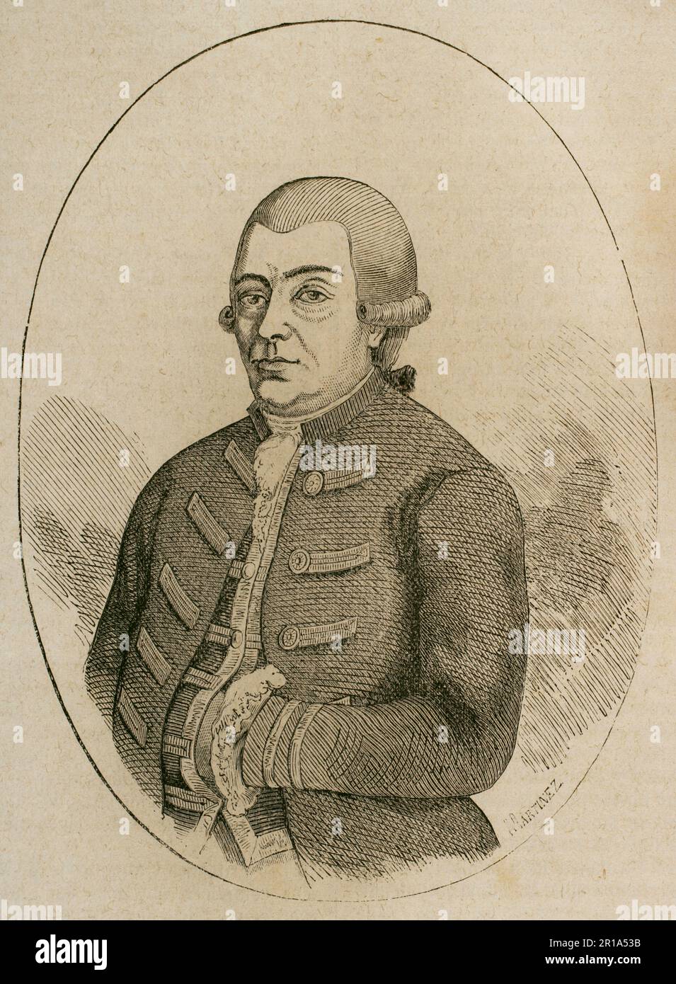 Felipe Veciana Dosset (Felip Veciana i Dosset) (Valls, 1733-Valls, 1798) Dritter Befehlshaber der Geschwader von Katalonien, vom 10. April 1762 bis 14. Februar 1798. Sohn von Pere Màrtir Veciana i Civit, dem er als Befehlshaber des Corps folgte. Porträt. Gravur. Historia de las Escuadras de Cataluña, 1876. Stockfoto