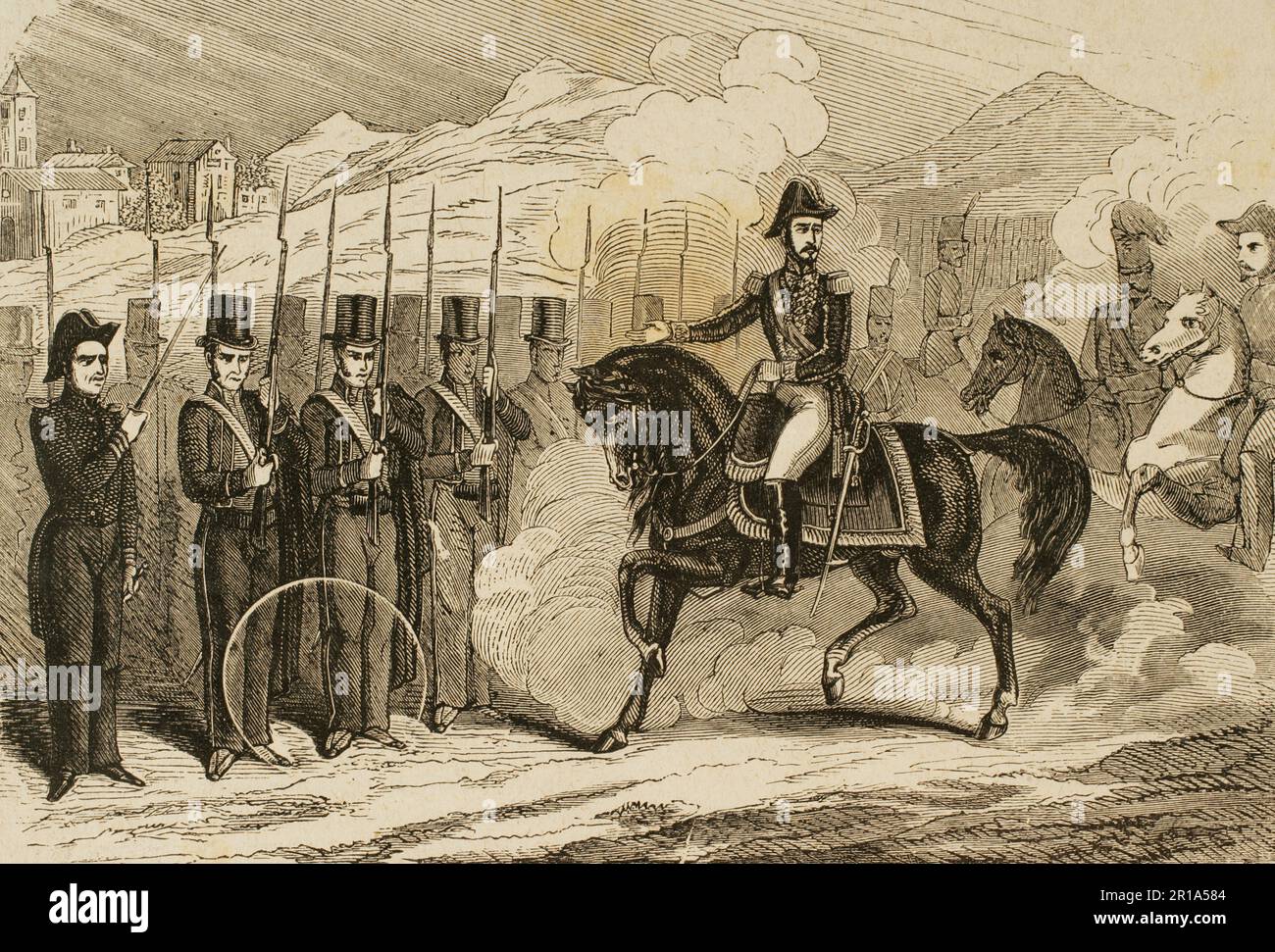 Joaquín Baldomero Fernández-Espartero Alvarez de Toro (1793-1879), Baldomero Espartero genannt. Spanischer Militär und Politiker. Er diente als Regente von Spanien. General Espartero zitierte die Geschwader von Katalonien als ein Modell der Loyalität in der allgemeinen Überprüfung von 1842. Gravur. Historia de las Escuadras de Cataluña, intercalada con la vida y hechos de los más célebres ladrones y bandoleros. Von José Ortega y Espinós (1815-1876). Barcelona, 1876. Stockfoto