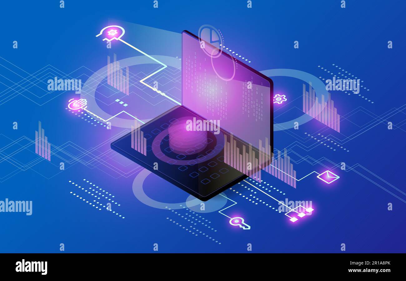 Software, Webentwicklung, Programmierkonzept. Abstrakte Programmiersprache und Code auf dem Laptop-Bildschirm. Vektor Stock Vektor