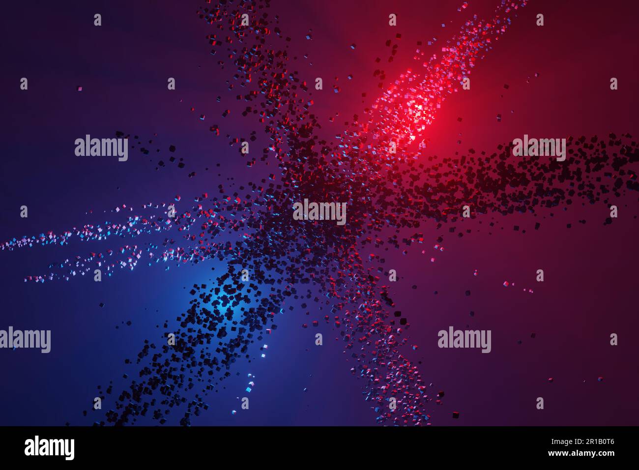 Explosion von Geometriewürfeln unter roten und blauen Neonlichtern. Illustration als Designelement für Hintergründe im Webdesign und Hintergrund für Diashows Stockfoto