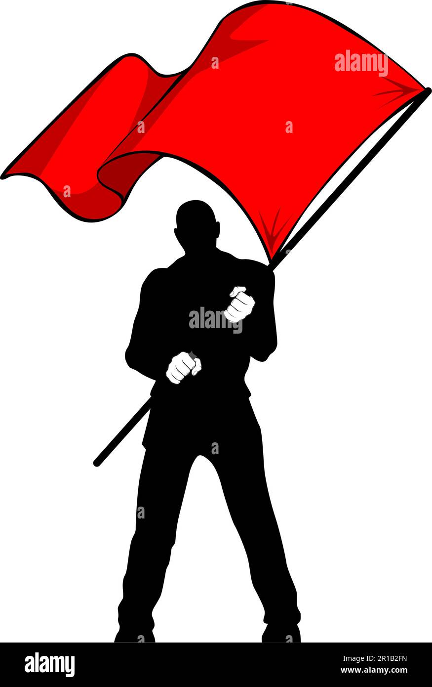 Mann mit roter Flagge. Silhouette eines protestierenden Rebellen, der Banner hält. Vektor auf transparentem Hintergrund Stock Vektor