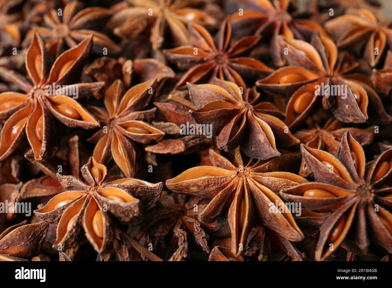 Aromatische Anissterne als Hintergrund, Nahaufnahme Stockfoto