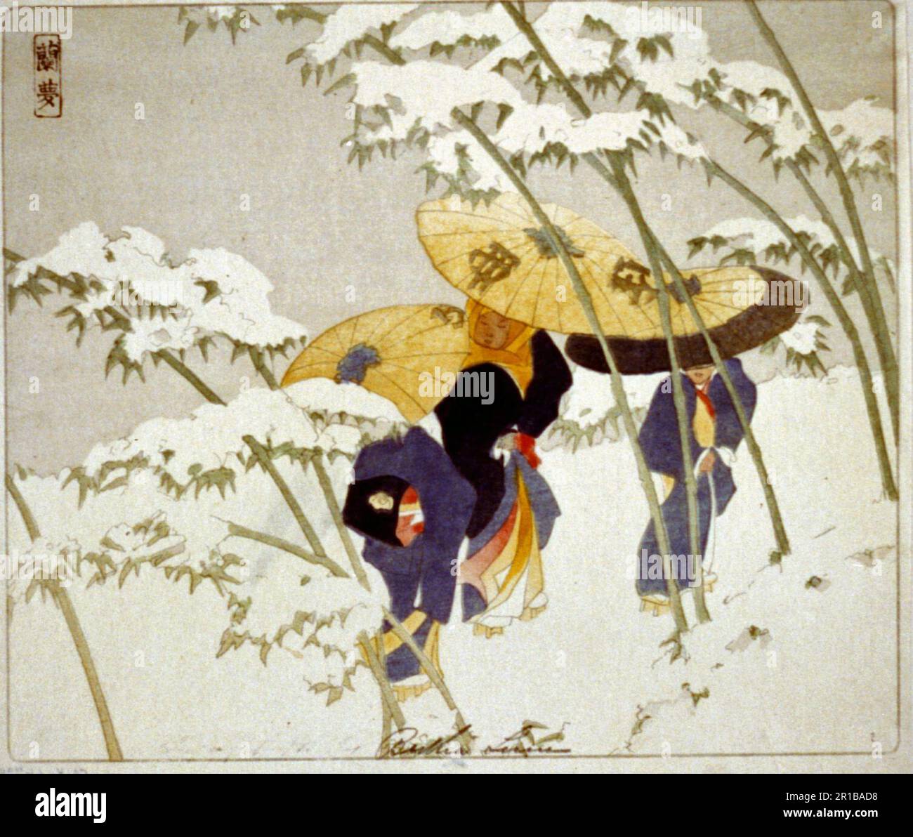 Bambusstraße: In der Printwerbung sind drei Japaner mit Regenschirmen unter schneebedeckten Bäumen zu sehen - Bertha Lum, ca. 1913 Stockfoto