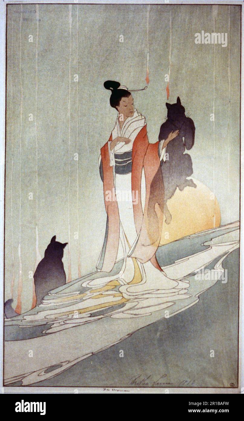 Fox Woman - Japanerin in konventionellen Kostümen mit dunklen Figuren von zwei Füchsen - Bertha Lum, 1916 Stockfoto