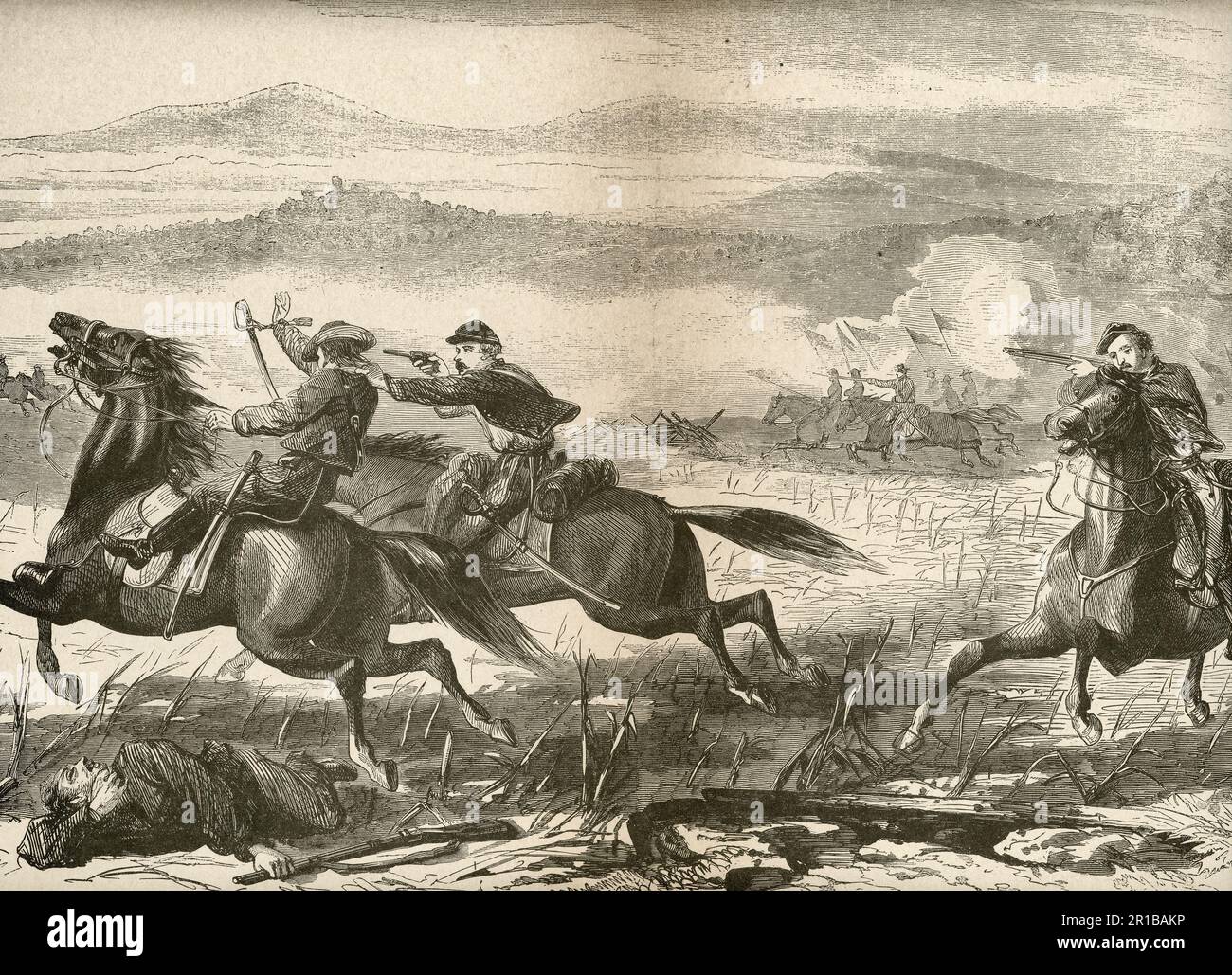 Die Vorhut der Potomac-Armee greift die Rebellen in der Nähe von Snickersville während des Amerikanischen Bürgerkriegs an Stockfoto