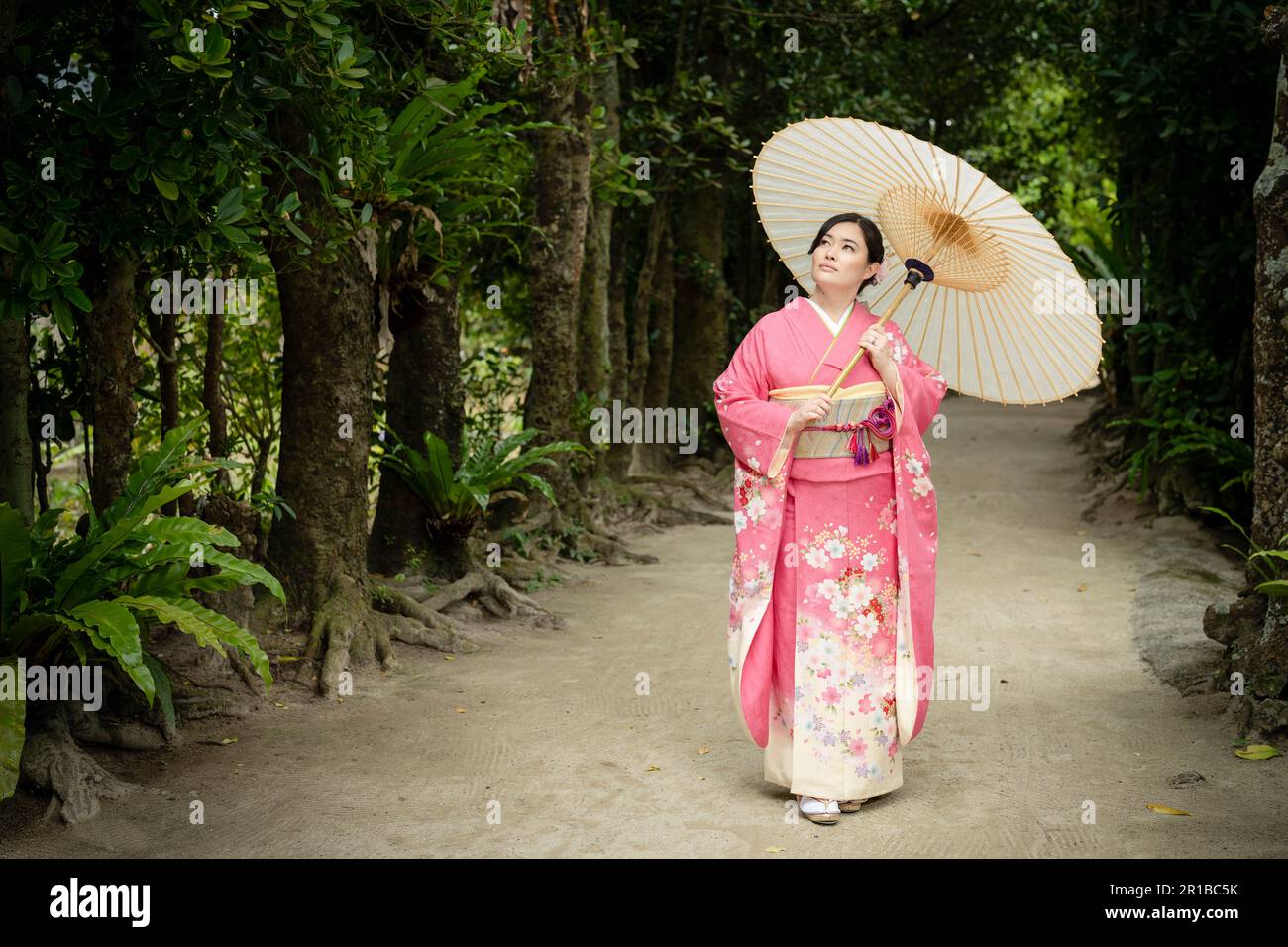 Wunderschöne junge, gemischte japanische/amerikanische Frau mit Kimono und Wagasa (Schirm), die auf dem Fußweg von Bise Village, Motobu Town, Okinawa, Japan steht. Stockfoto