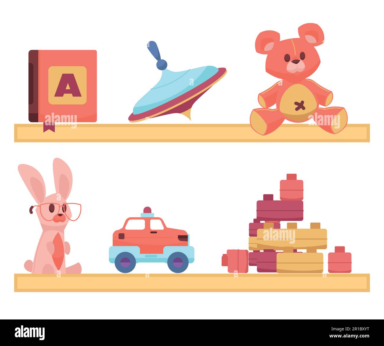 Süßes Spielzeug. Cartoon-Spielsachen für Kinder. Bunte Ballons und Plüschtiere. Wirbel oder Maschinen auf Regalen. Primerbuch zum Alphabetlernen. Stock Vektor