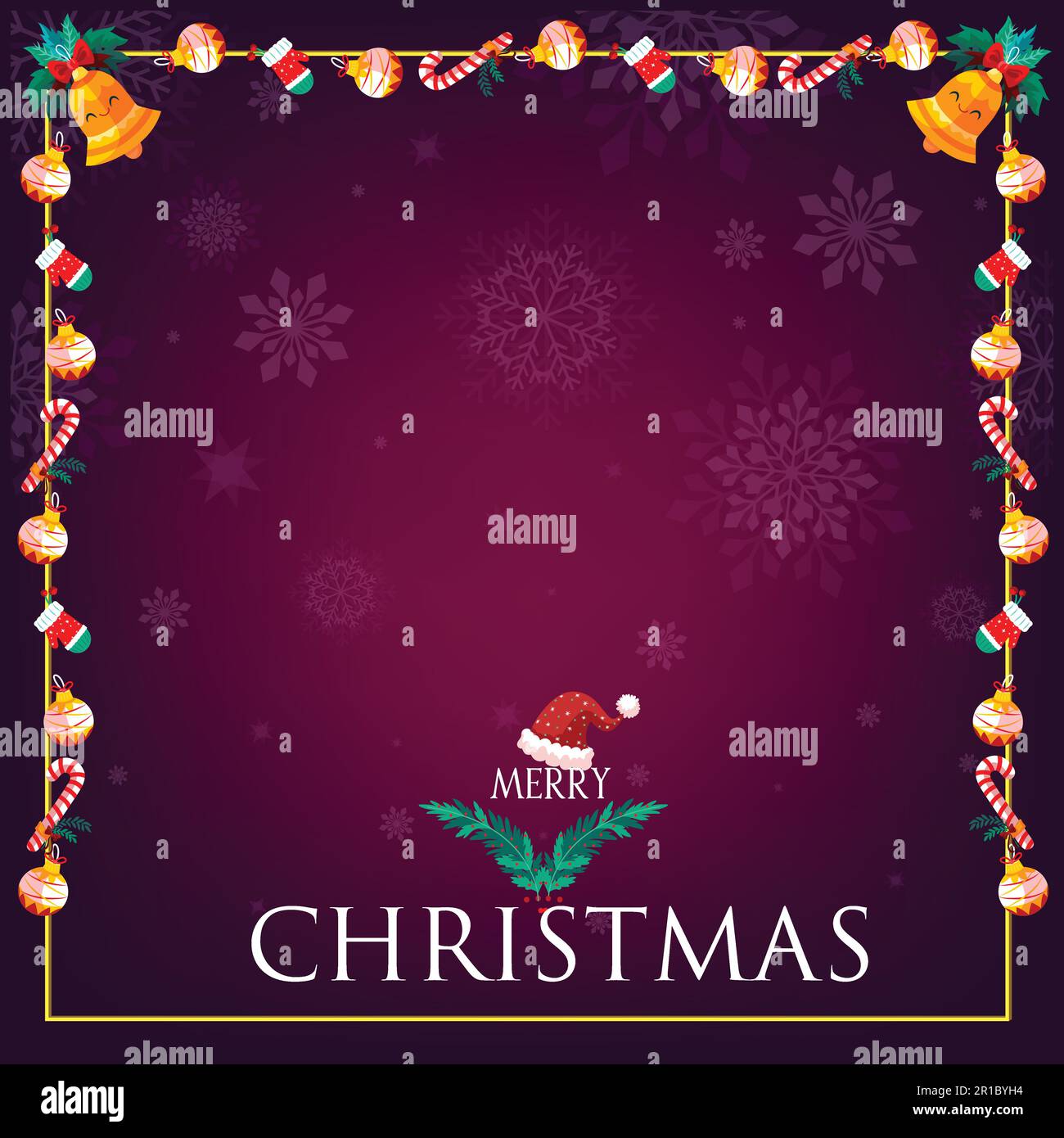 Hintergrund für Weihnachten und Neujahr. Weihnachtshintergrund mit Tannenzweigen und Kugeln. Zuckerstangen von Keksen, goldene Geschenkbox. Glaskugeln hängen fest Stock Vektor